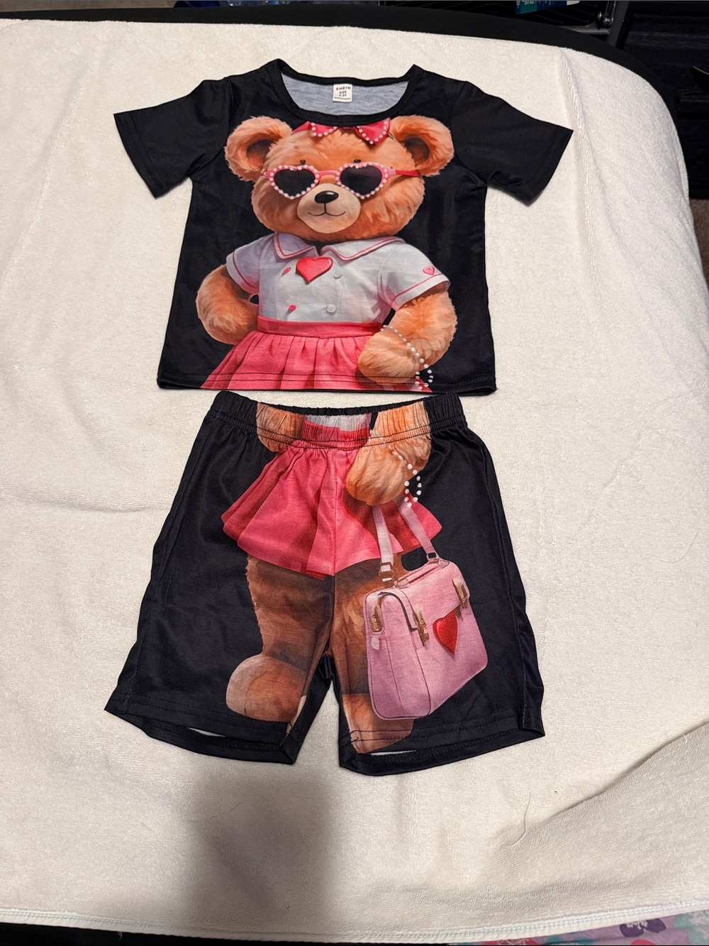 Black Tee & Shorts Set with Pink Teddy Print